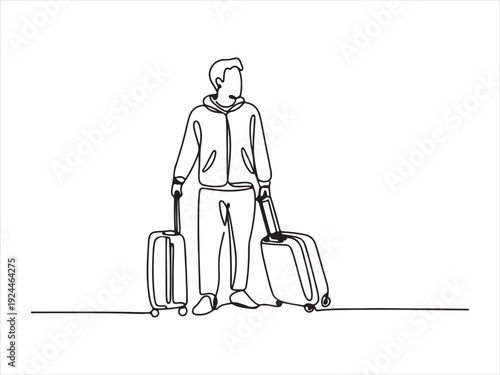 Continuous one line Drawing illustration of a person traveling with a suitcase and carry-on bag Vector, illustration