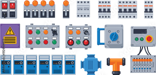 Industrial Electrical Control Panel Icon Set Featuring Switches Circuit Breakers Buttons Motors and Automation Equipment for Factory Systems Vector Design