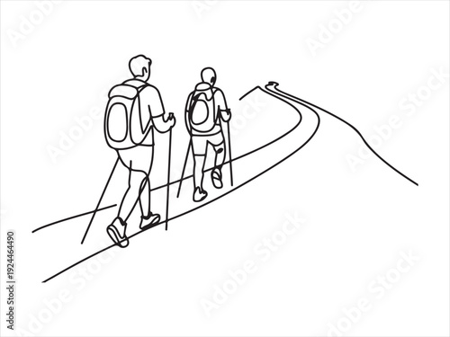 Two hikers walking with backpacks trekking on mountain trail landscape line art vector illustration