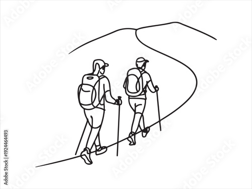 Two hikers walking with backpacks trekking on mountain trail landscape line art vector illustration