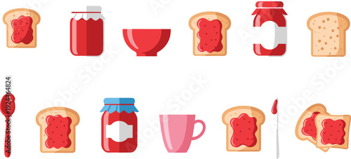 Jam Toast and Breakfast Icon Set with Bread Slices, Strawberry Jam Jars, Spoon, Cup, and Sweet Morning Food Vector Illustration