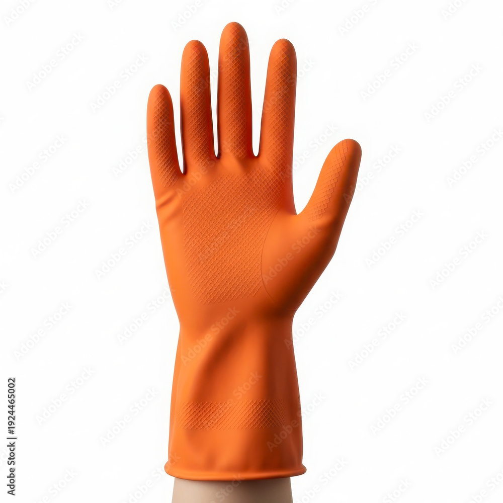 Obraz premium Bright orange disposable rubber protective glove displayed on hand