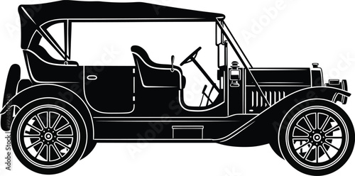 Vintage convertible touring car silhouette with spoked wheels side profile vector illustration.