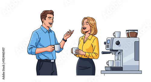 Happy Colleagues Chatting by Office Coffee Machine