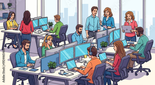 Happy Employees Collaborate in Modern Workspace