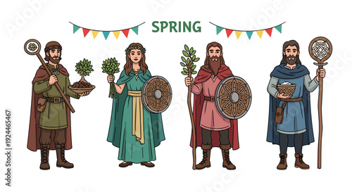 Four ancient people in traditional clothing representing the season of spring