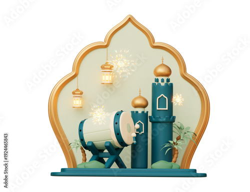 3D Islamic Ramadan drum bedug with mosque gate and lantern decoration vector