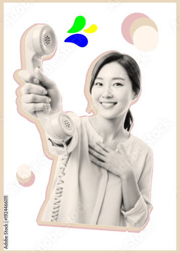 Halftone vector art close up smiling woman holding retro telephone handset toward camera with hand on chest pastel accents cutout sticker style warm playful mood friendly