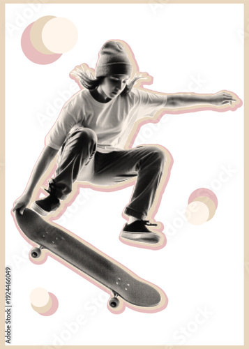 Retro halftone vector art low angle skateboarder performing an ollie midair wearing beanie and sneakers with pink and beige outline portrait composition urban edgy dynamic motion
