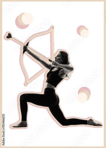 Vector art halftone female archer in low lunge pose drawing heart tipped arrow looking away side view pink outline minimalist retro style low angle close up