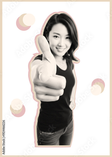 Pop art halftone close up young woman giving thumbs up toward camera wearing black tank top high angle cutout sticker style playful mood friendly confident energetic