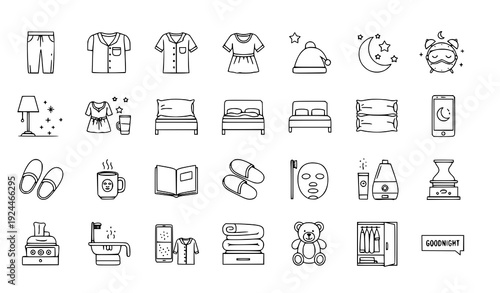 Sleepwear and Bedtime Routine Thin Line Icons Pajama Vector Collection