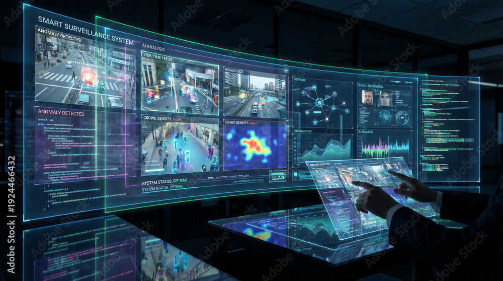 Fototapeta premium A futuristic smart surveillance system displays real-time analytics, heatmaps, and data on multiple transparent screens in a dark control room.