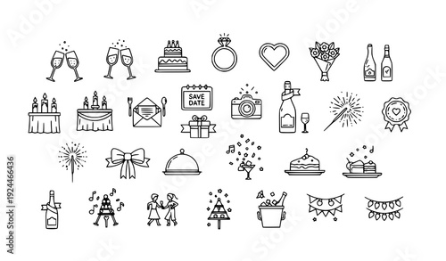 Wedding and Celebration Cheers Thin Line Icons Beverage Glass Minimal Vector Set