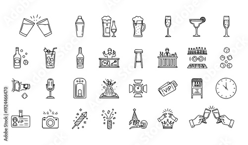 Party Nightlife and Beverage Glass Thin Line Icons Minimal Celebration Vector Pack
