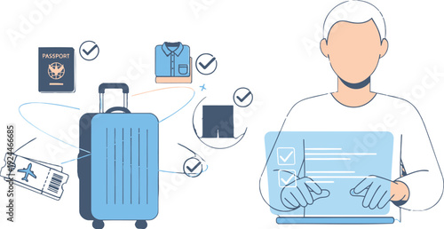 Travel preparation vector icon set. Includes luggage, passport, flight ticket, and travel checklist. Created in modern style with blue and white color palette.