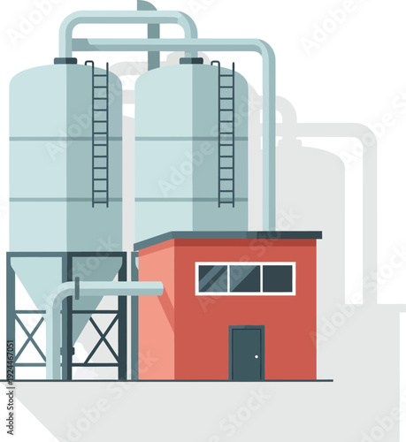 Industrial factory illustration featuring two large silos connecting pipes and a small red building.