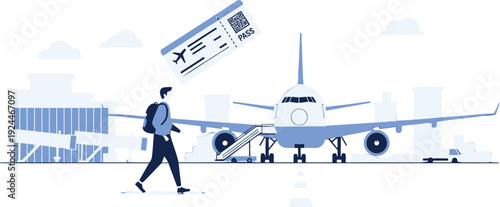 Vector illustration of a traveler walking towards an airplane with a boarding pass, isolated on transparent background.