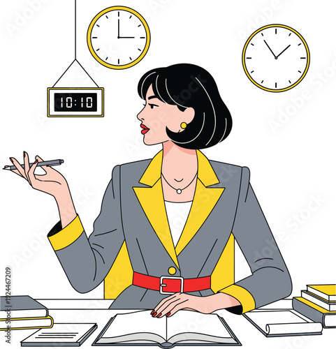 Professional woman in a grey and yellow blazer at a desk holding a pen and looking aside.