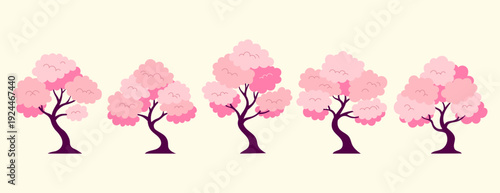 Vector set of blooming sakura trees in different shapes and sizes. Elegant cherry blossom tree silhouettes for landscape design, park illustrations, and Japanese culture themes. 
