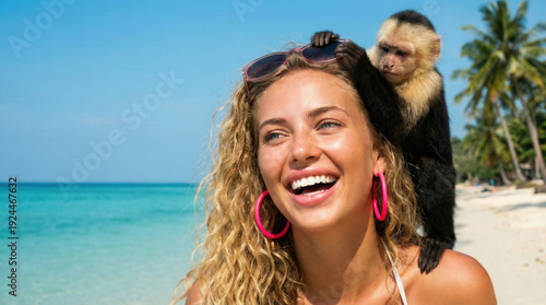 Advertisement for a happy, carefree vacation on the coast of a tropical destination. Portrait of a laughing young woman with a funny monkey on the beach, space for text.