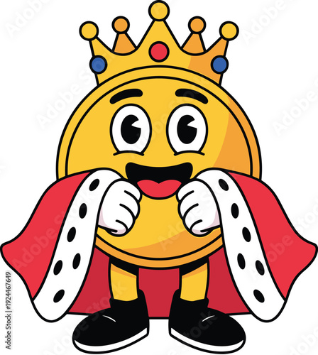 Cute king emoji mascot character wearing crown and royal cape happy cartoon illustration for fun branding stickers children vector design