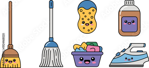 Cute cleaning tools and supplies set with happy faces cartoon household hygiene equipment illustration for kids education vector design