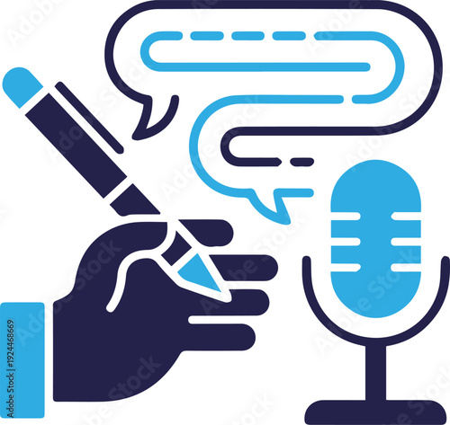 Hand Writing with Pen and Microphone Icon for Podcast, Interview, and Content Creation