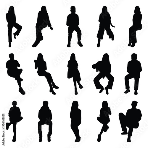 Vector collection set of sitting people silhouettes.	
