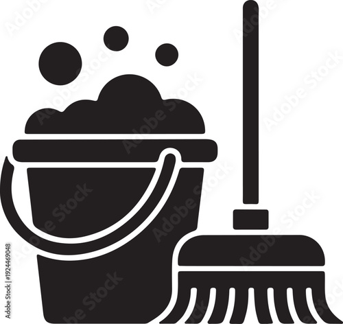 Cleaning supplies icon set bucket with bubbles and broom vector illustration