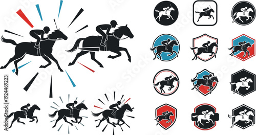 Horse Racing Jockey Silhouette Icons with Galloping Racehorse Action Poses and Equestrian Sport Emblems for Competition Branding Design.