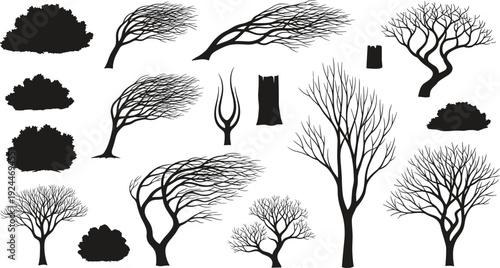 Leafless Tree and Wind Blown Forest Silhouette Set with Bushes Stumps and Bare Branch Shapes for Nature Landscape Vector Design.