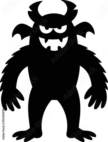 Furry horned beast with bat wings standing strong, ideal scary halloween monster mascot, horror fantasy creature logo, evil gothic branding icon, horror cartoon silhouette graphic