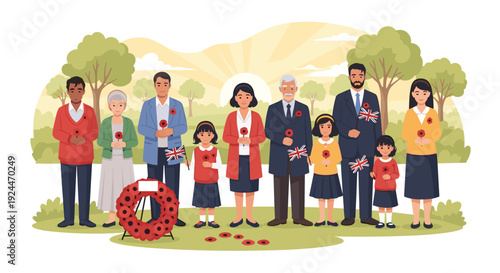 Diverse family and community members gather to commemorate Remembrance Day with poppies