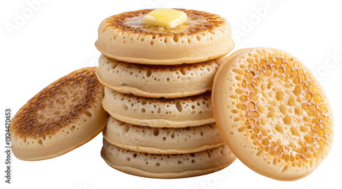 Stack of crumpets png melting butter png breakfast food png leaning stack png texture png isolated png transparent background image