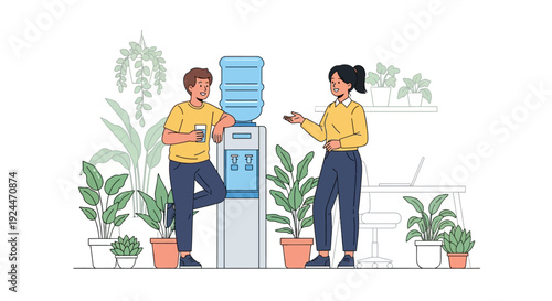 Happy Colleagues Chatting by Water Cooler