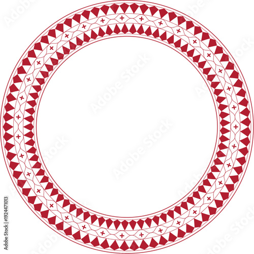 Red geometric tribal pattern round frame vector. Decorative circular border with repeating diamond and triangle shapes in a traditional style.