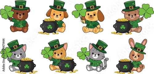 Cute St Patrick’s Day Animal Vector Set with Bear Dog Cat Bunny Leprechaun Hats Shamrocks and Gold Cauldron Illustrations