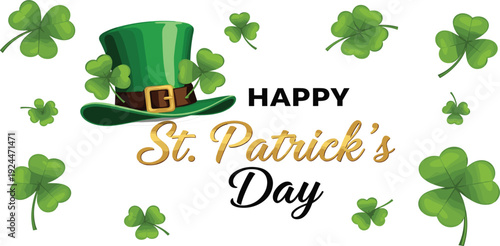Happy St Patrick’s Day Elegant Typography with Leprechaun Hat and Shamrock Clover Leaves Festive Irish Holiday Vector Illustration
