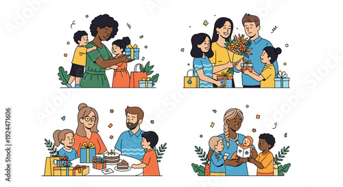 Diverse families celebrating special occasions with gifts, flowers, and cake
