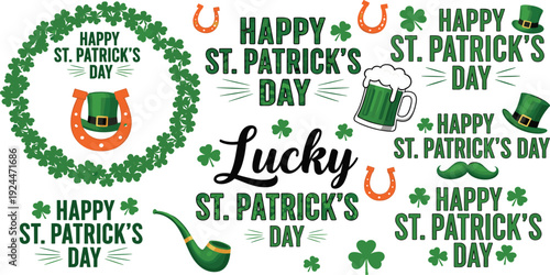 Happy St Patrick’s Day Vector Set with Lucky Typography Shamrock Wreath Horseshoes Leprechaun Hat Beer Mug Pipe and Irish Holiday Decorations