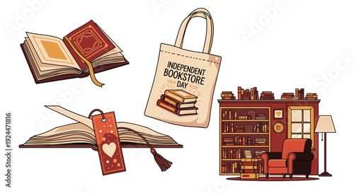 Cozy reading nook with books, tote bag, and bookmark celebrating independent bookstores