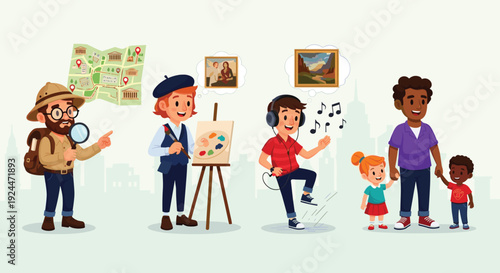 Diverse people enjoying different hobbies and family time in a city setting