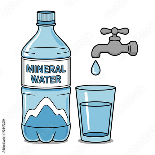 Mineral water bottle glass and tap with water drop  hydration concept