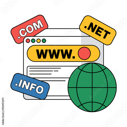Colorful web browser window with globe and domain extensions