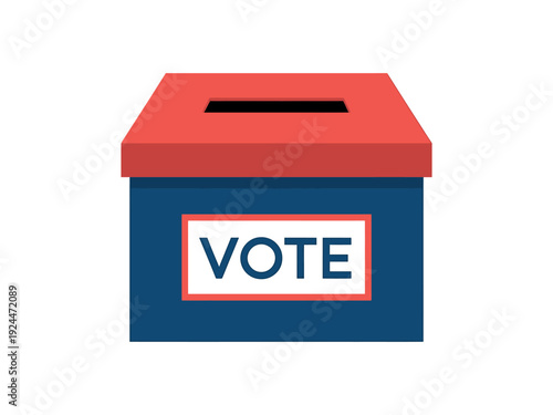 Red and blue ballot box with vote sign on front for elections and voting