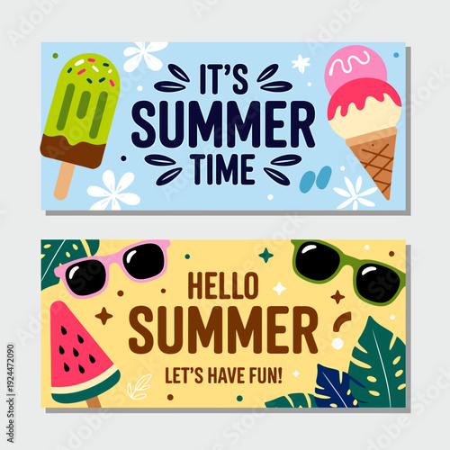 Summer time fun colorful banners with ice cream and sunglasses