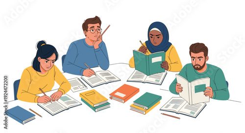 Diverse group of students struggling with difficult studies at a table with books
