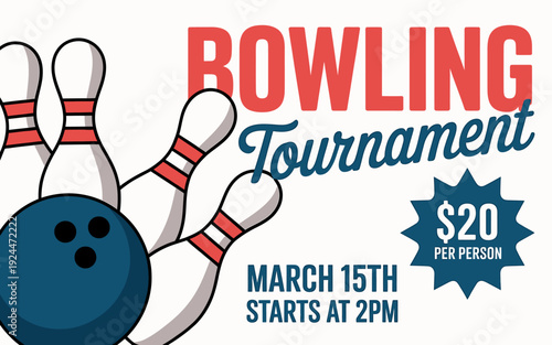 Bowling tournament advertisement with pins and ball on white background