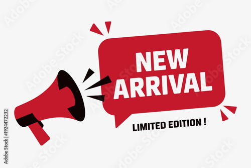 Red megaphone with new arrival limited edition speech bubble announcement